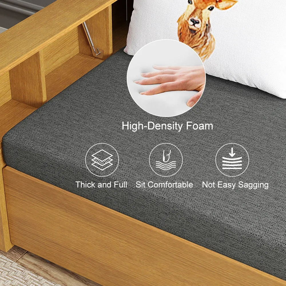 Spacely Versatile Sofa Bed: High-density foam. Thick, full seat cushions that sit comfortably and don't sag.
