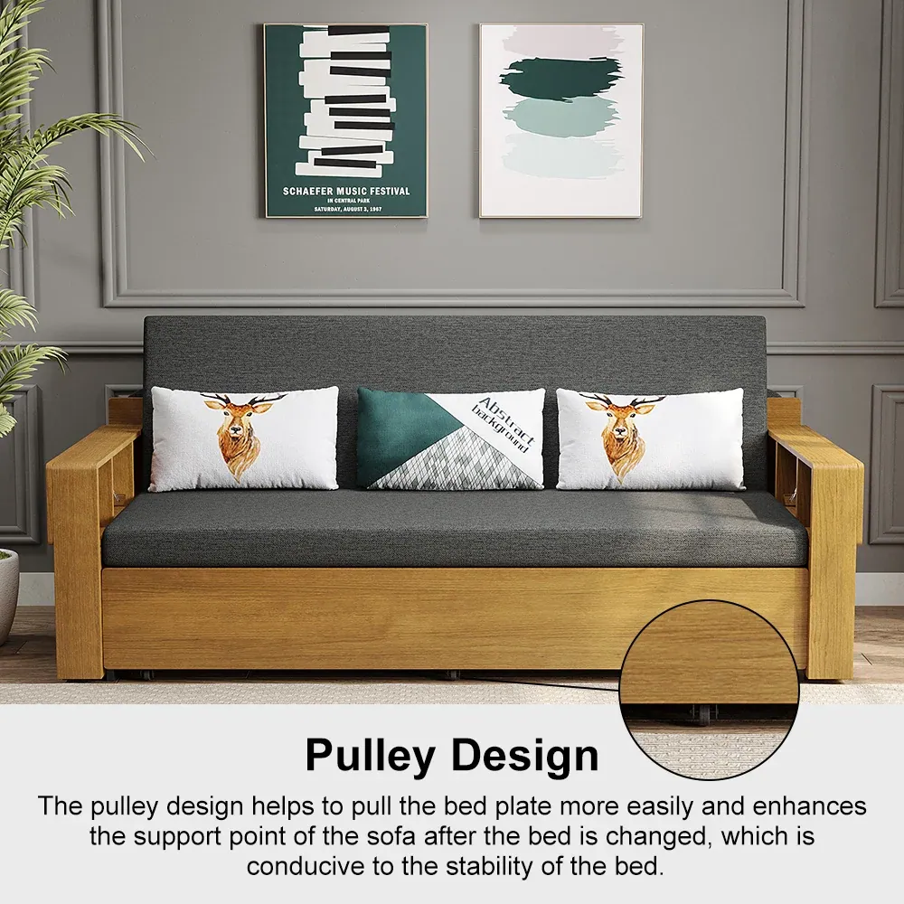 Spacely Versatile Sofa Bed: Pulley design. Pulleys make the bed base easy to pull out and support the frame, so the sofa stays stable after it becomes a bed.