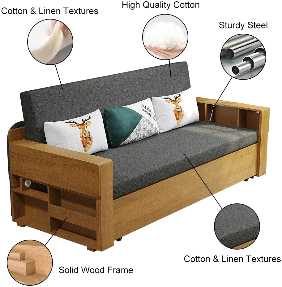 Spacely Versatile Sofa Bed materials: cotton and linen textures, high quality cotton, sturdy steel, solid wood frame
