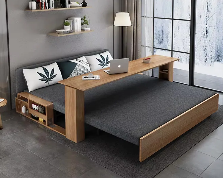 Spacely Versatile Sofa Bed opened into a bed with the desk pulled out